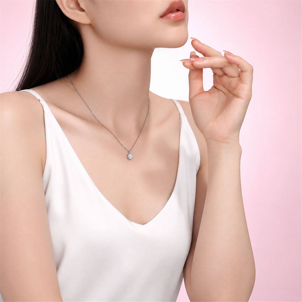 DANFÉE lab-grown diamond pendant necklace styled with a white top