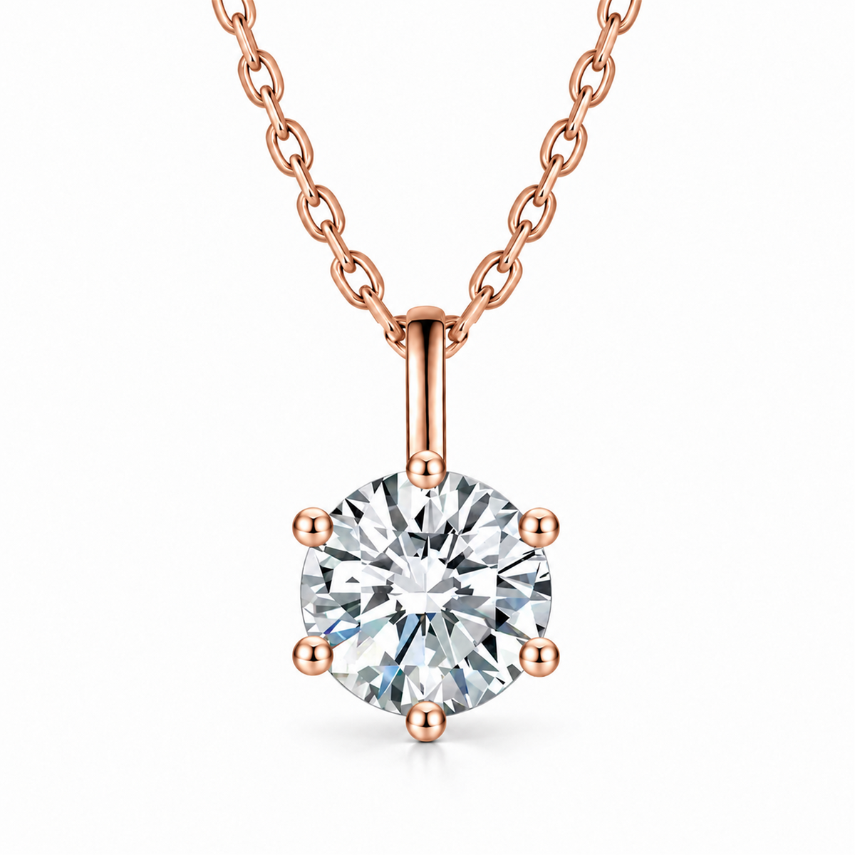 Six-prong diamond pendant necklace in 18K rose gold on white