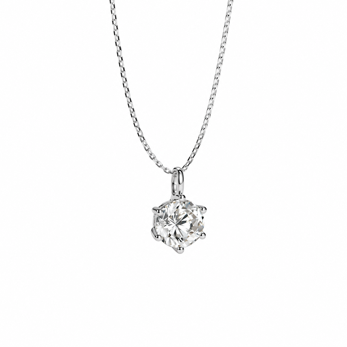 Six-prong solitaire diamond pendant necklace and oval bail detail on white