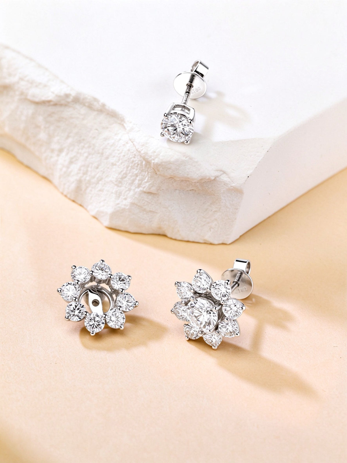 Solitaire stud and sunflower diamond jacket with 18K white gold screw back