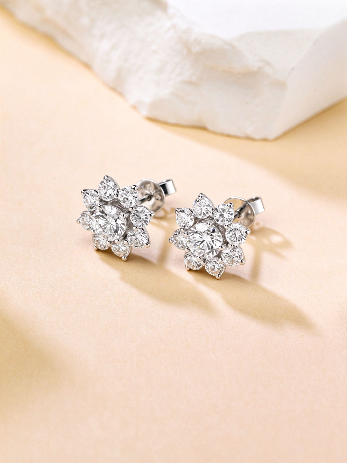 Sunflower lab-grown diamond stud earrings in 18K white gold, side view