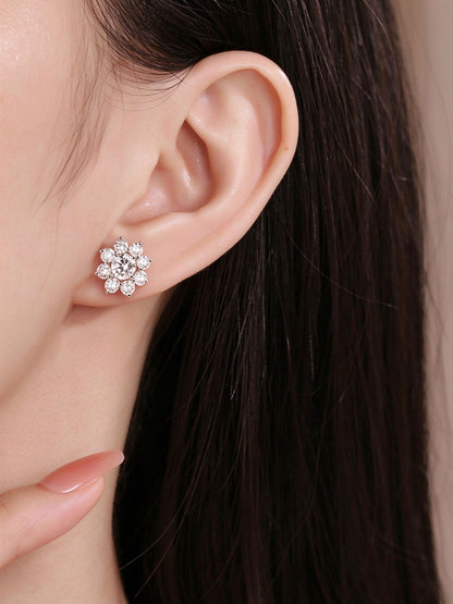 Sunflower lab-grown diamond stud earring worn on the ear