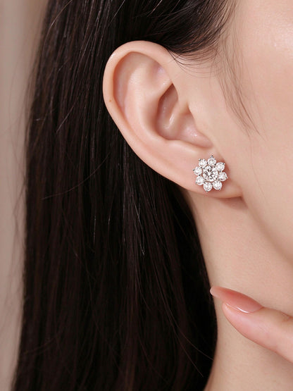 Model wearing DANFÉE sunflower diamond stud earring in 18K white gold