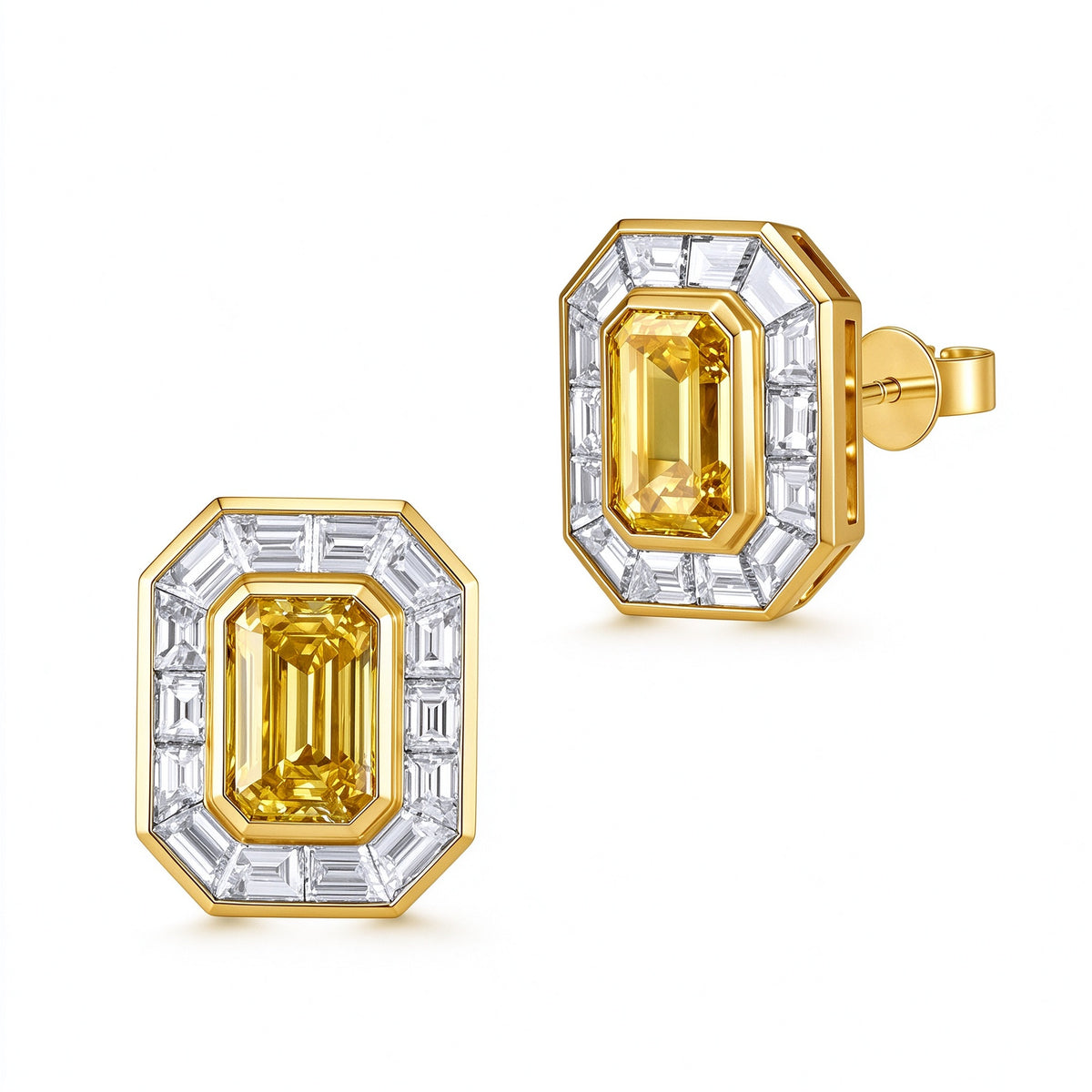 DANFÉE Soleil emerald-cut yellow lab-grown diamond halo stud earrings in 18K yellow gold on white