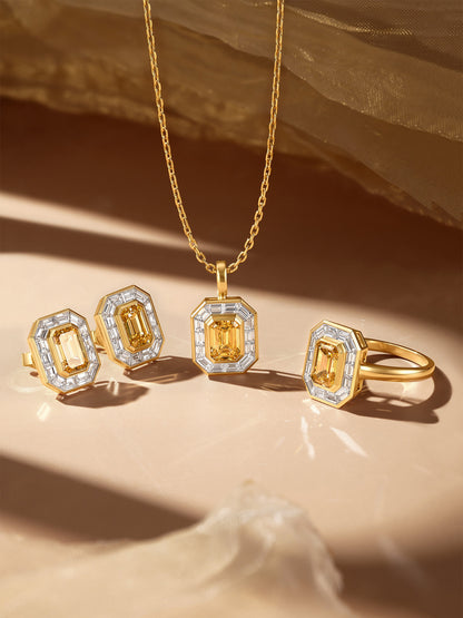 Soleil yellow diamond halo earrings shown with matching pendant and ring