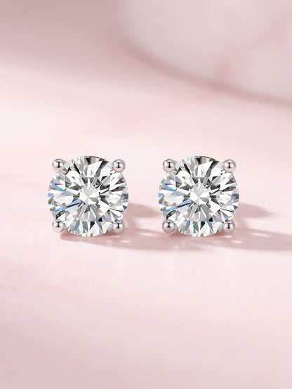 Four-claw round lab-grown diamond stud earrings, front view