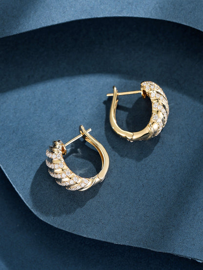 Torsade 18K gold diamond huggie hoops, side view of the hinged huggie
