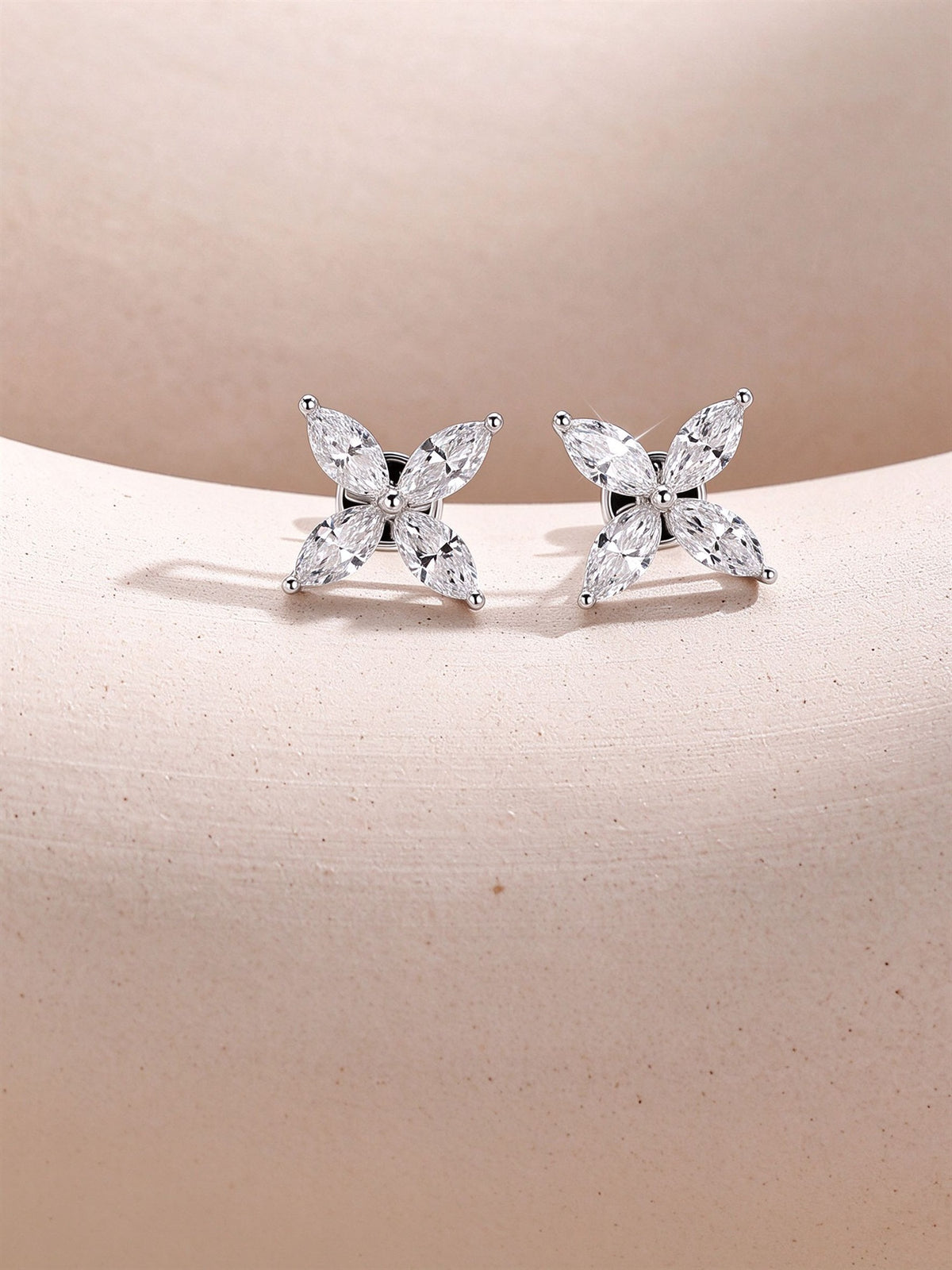 Marquise-cut lab-grown diamond clover stud earrings in PT950 platinum, front view