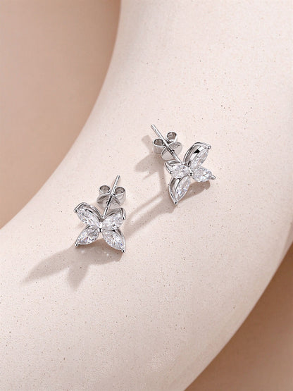 Platinum marquise diamond clover stud earrings showing the post and push back