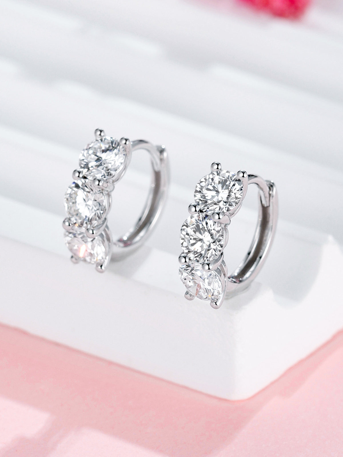 Three-stone lab-grown diamond huggie hoop earrings, 2 carat total