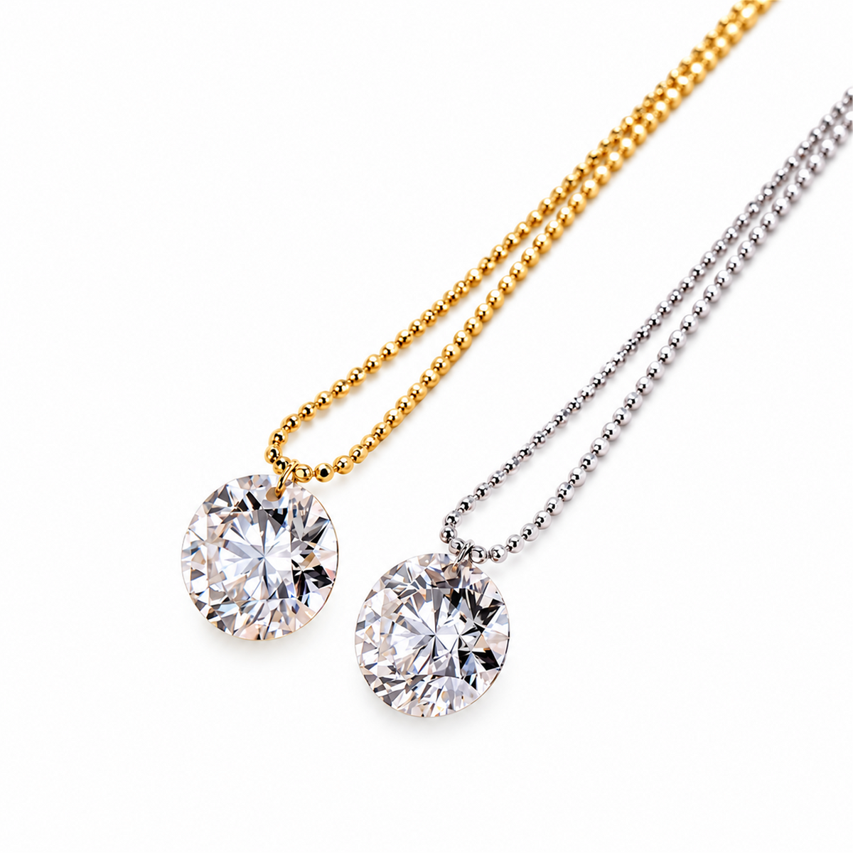 Yellow and white gold round diamond bead chain necklaces on white; digitally retouched supplier detail image