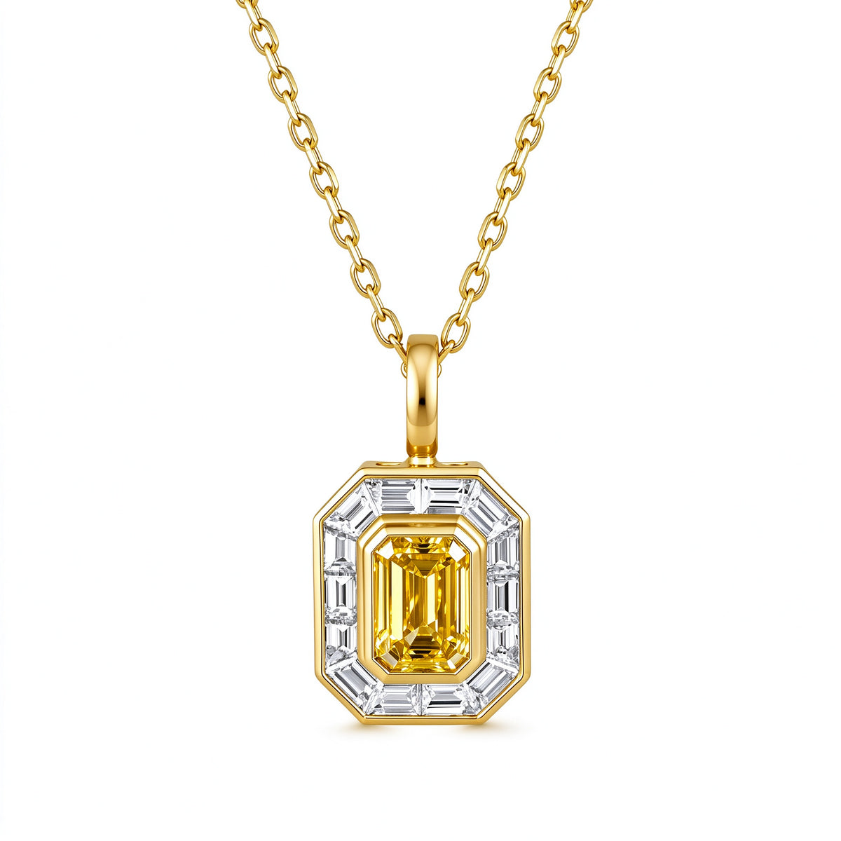 DANFÉE Deco Halo fancy yellow lab-grown diamond necklace in 18K yellow gold, front view