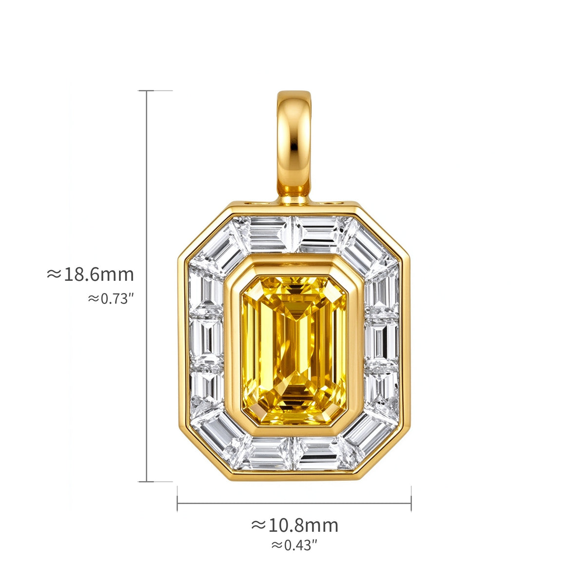 DANFÉE Deco Halo emerald-cut yellow diamond pendant dimensions, 18.6mm x 10.8mm
