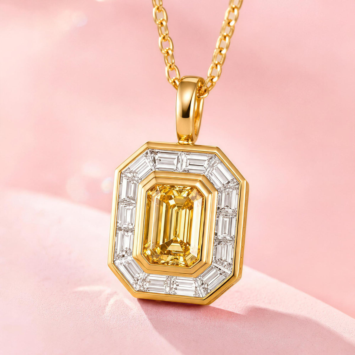 Close-up of DANFÉE emerald-cut fancy intense yellow lab-grown diamond pendant