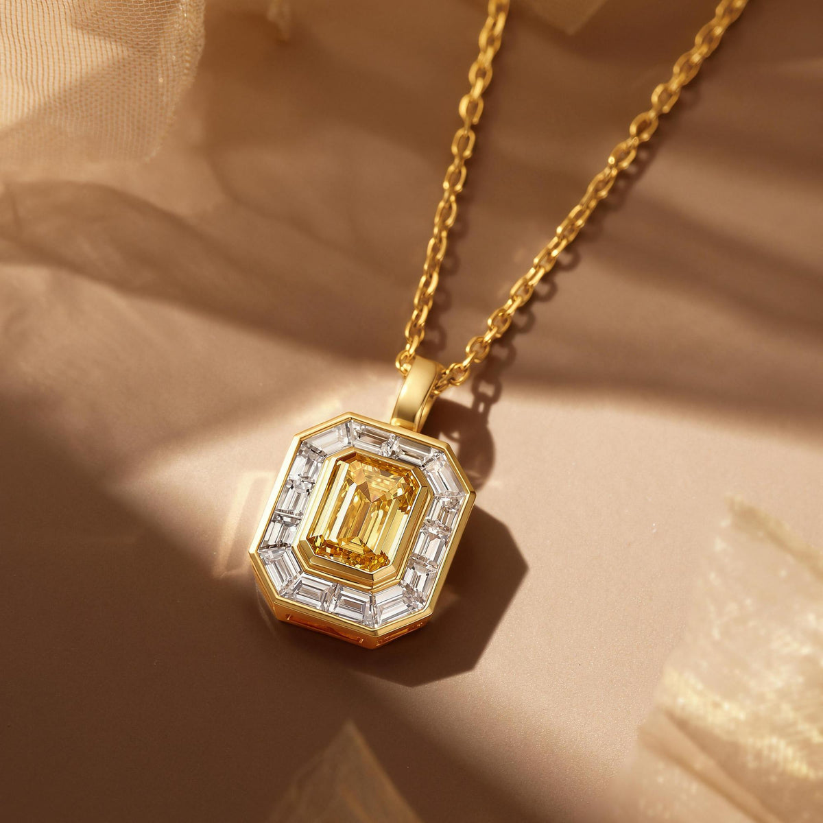 DANFÉE Art Deco baguette halo necklace with fancy yellow emerald-cut diamond
