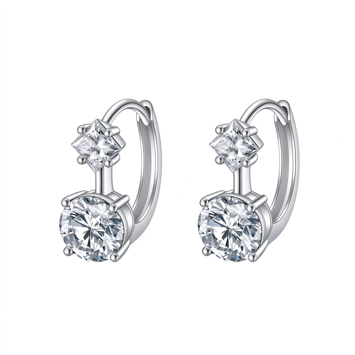 Étoile Duo princess and round lab-grown diamond huggie earrings in 18K white gold