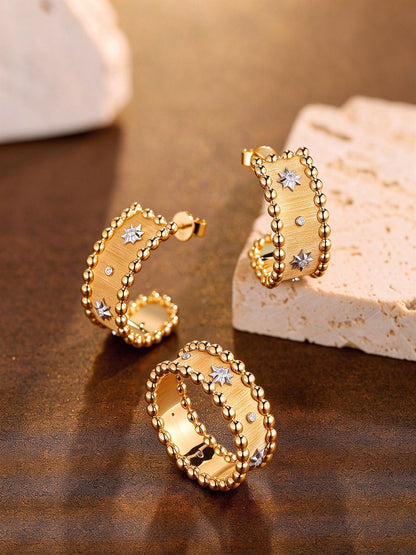 Étoile brushed gold diamond half-hoop earrings styled with matching band