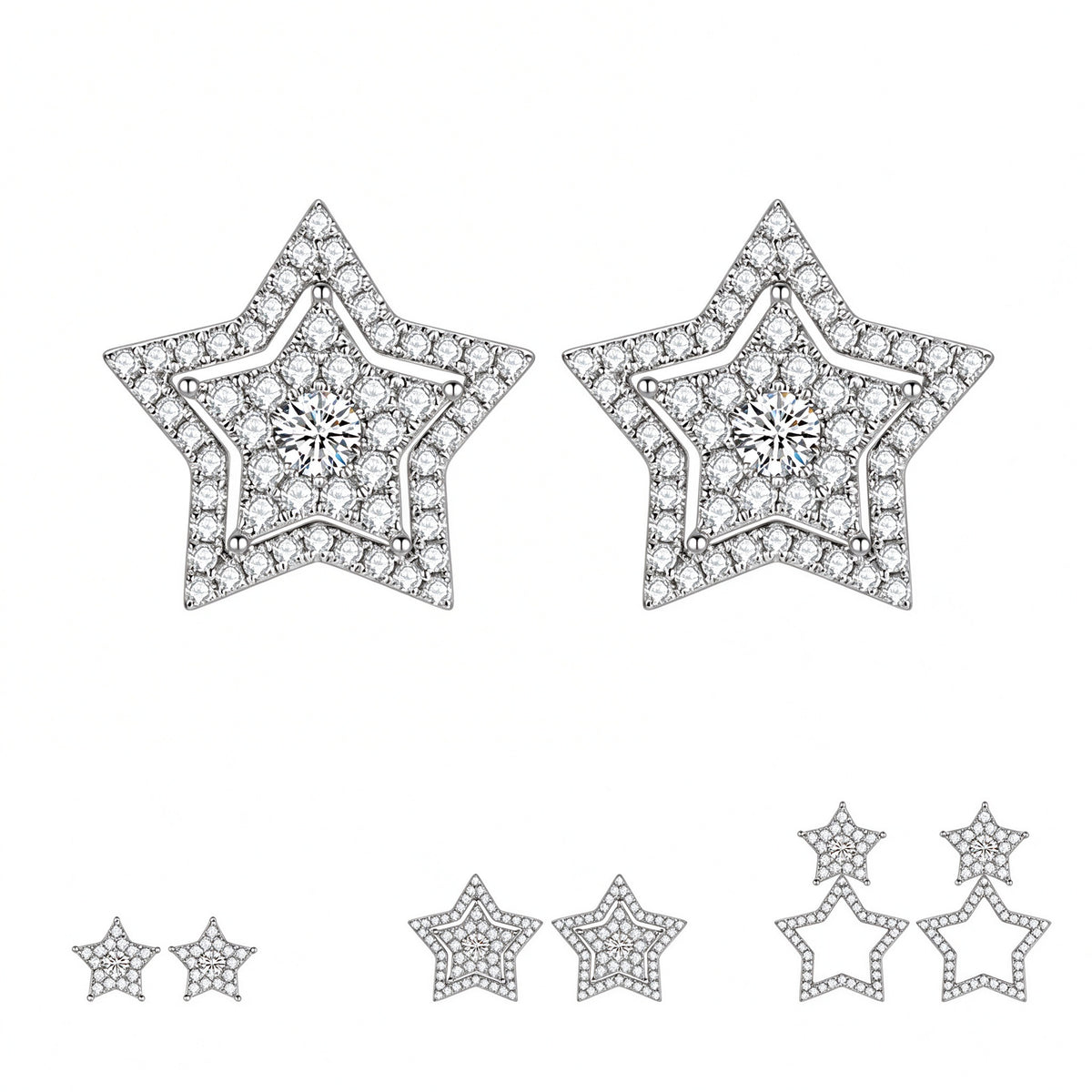 Étoile star lab-grown diamond earrings shown three ways: stud, framed star and drop jacket