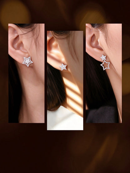 Three-way star diamond earrings worn on the ear