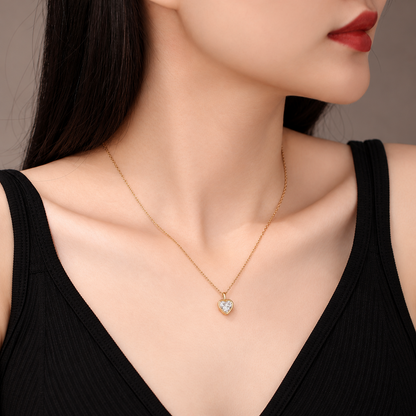 DANFÉE heart bezel diamond necklace worn with a black top