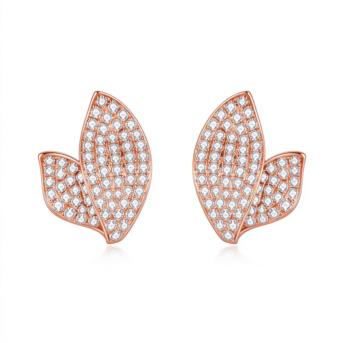 Feuille pavé leaf lab-grown diamond stud earrings in 18K rose gold, 1.4 carat total, D-E VS