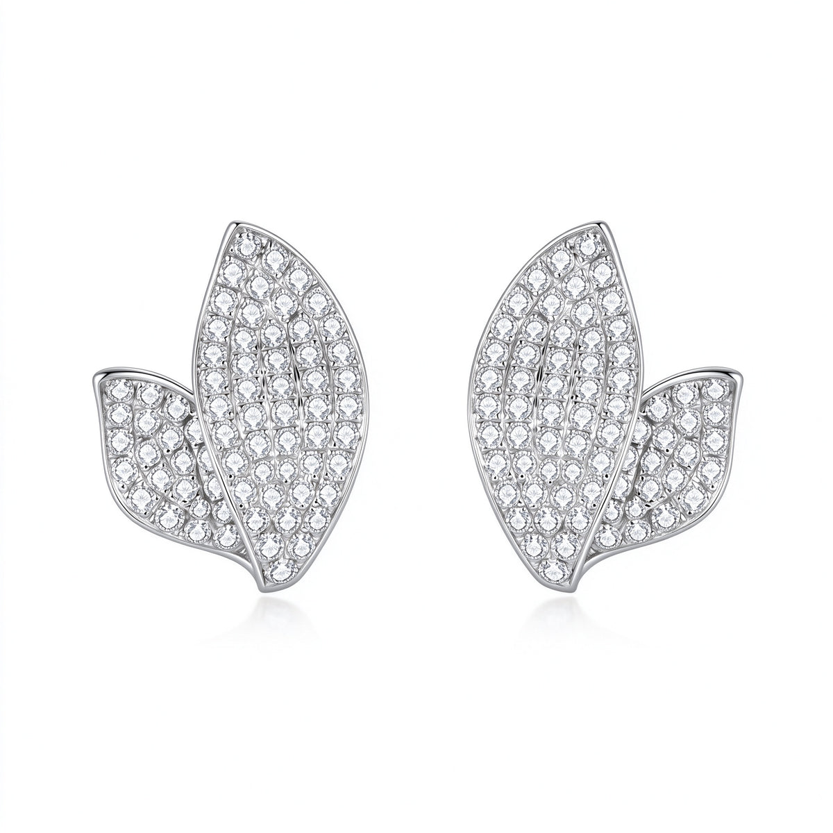 Feuille pavé leaf lab-grown diamond stud earrings in 18K white gold, 1.4 carat total, D-E VS