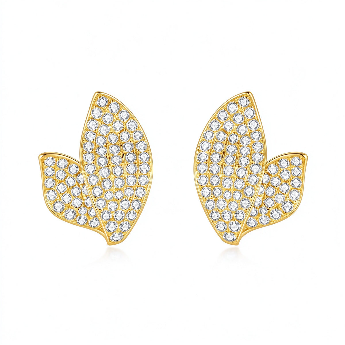 Feuille pavé leaf lab-grown diamond stud earrings in 18K yellow gold, 1.4 carat total, D-E VS