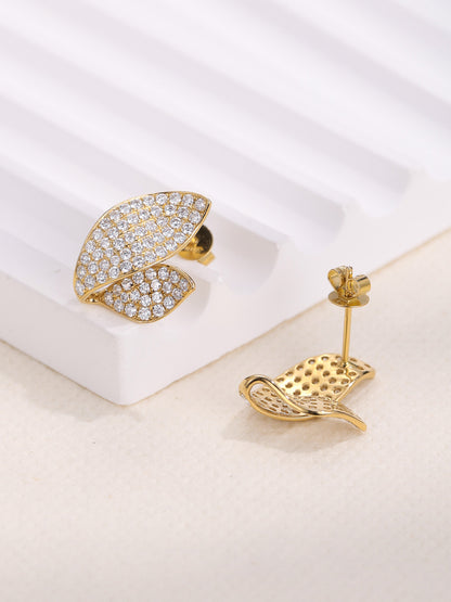 18K gold leaf diamond stud earrings showing front pavé and open gallery back