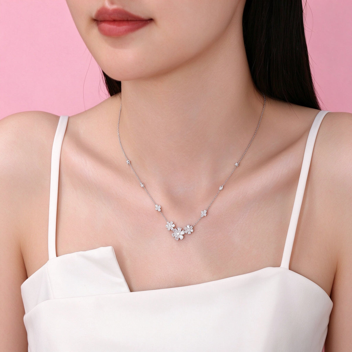 Daisy lab-grown diamond necklace worn at the collarbone