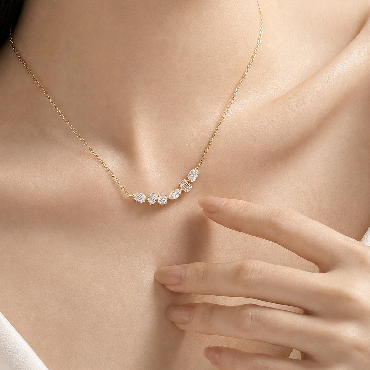 DANFÉE Mosaic Smile diamond necklace worn at the collarbone