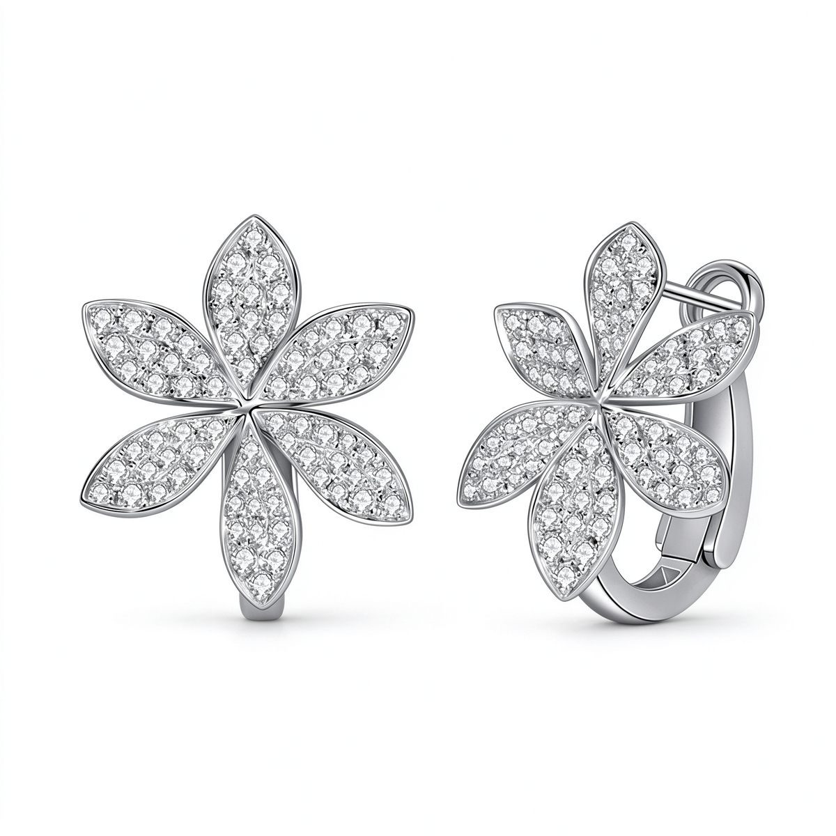 Magnolia pavé flower lab-grown diamond huggie earrings in 18K white gold