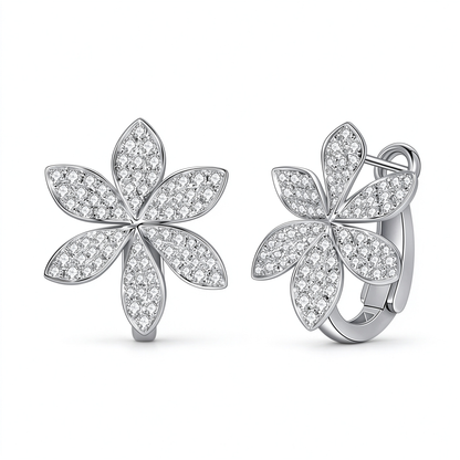 Magnolia pavé flower lab-grown diamond huggie earrings in 18K white gold