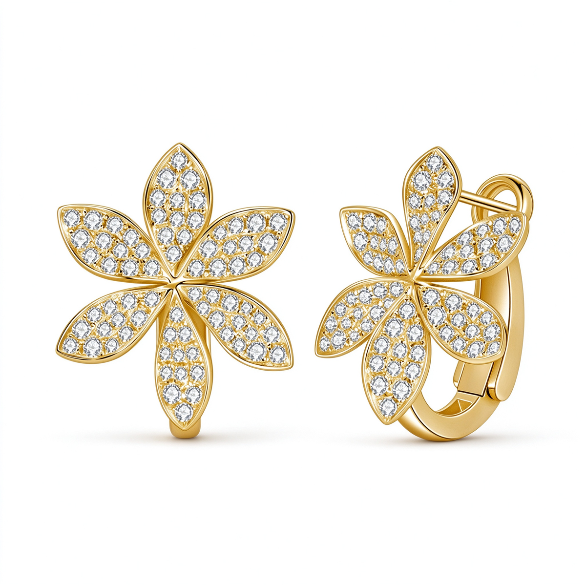 Magnolia pavé flower lab-grown diamond huggie earrings in 18K yellow gold