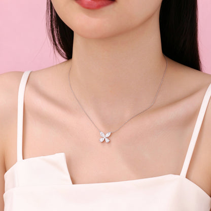 DANFÉE Four-Leaf Clover lab-grown diamond necklace worn by model, white camisole