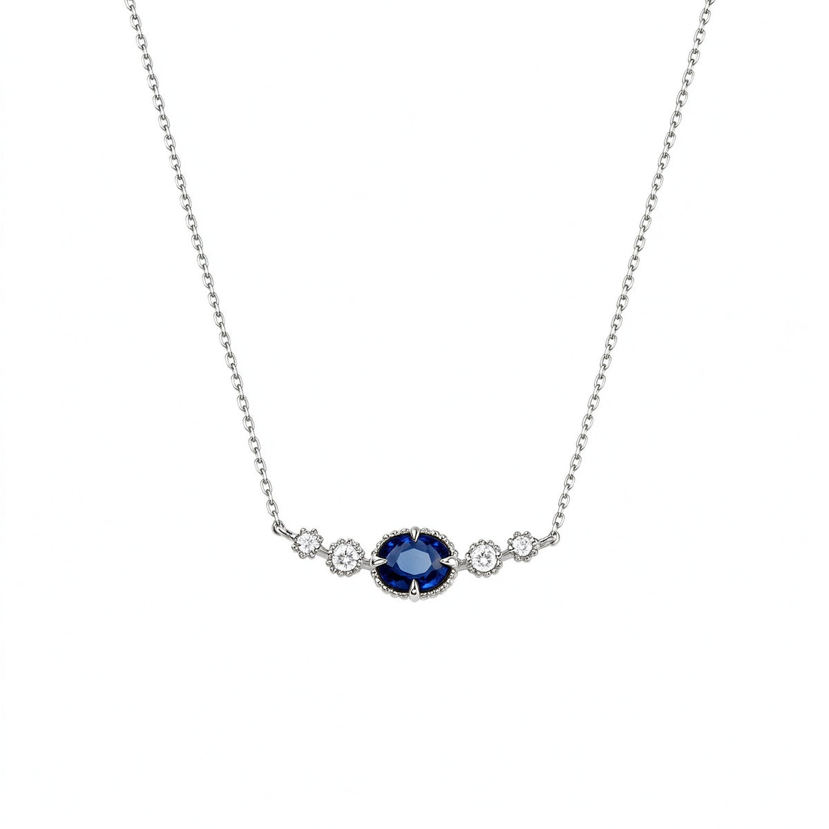 DANFÉE oval sapphire smile necklace in 18K white gold with natural diamonds, front view