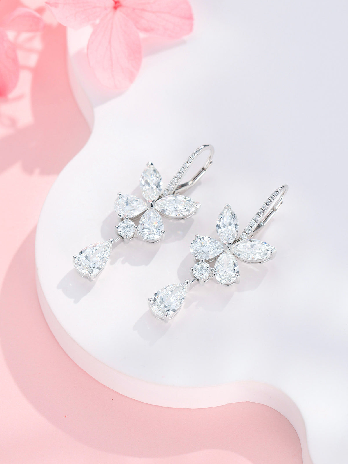 Butterfly diamond drop earrings with marquise and pear lab-grown diamonds