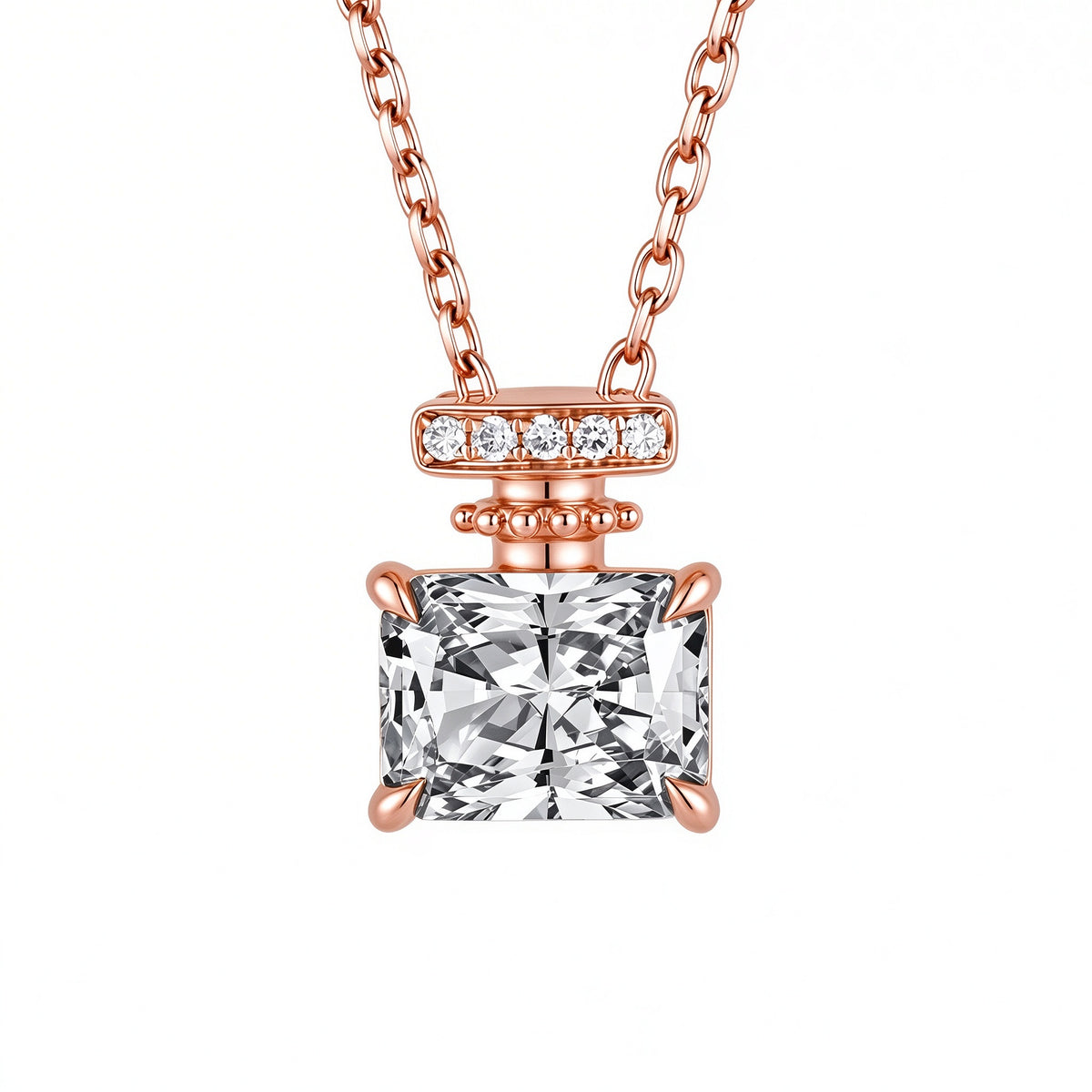 Parfum perfume bottle necklace in 18K rose gold with D-E VS white lab-grown diamond