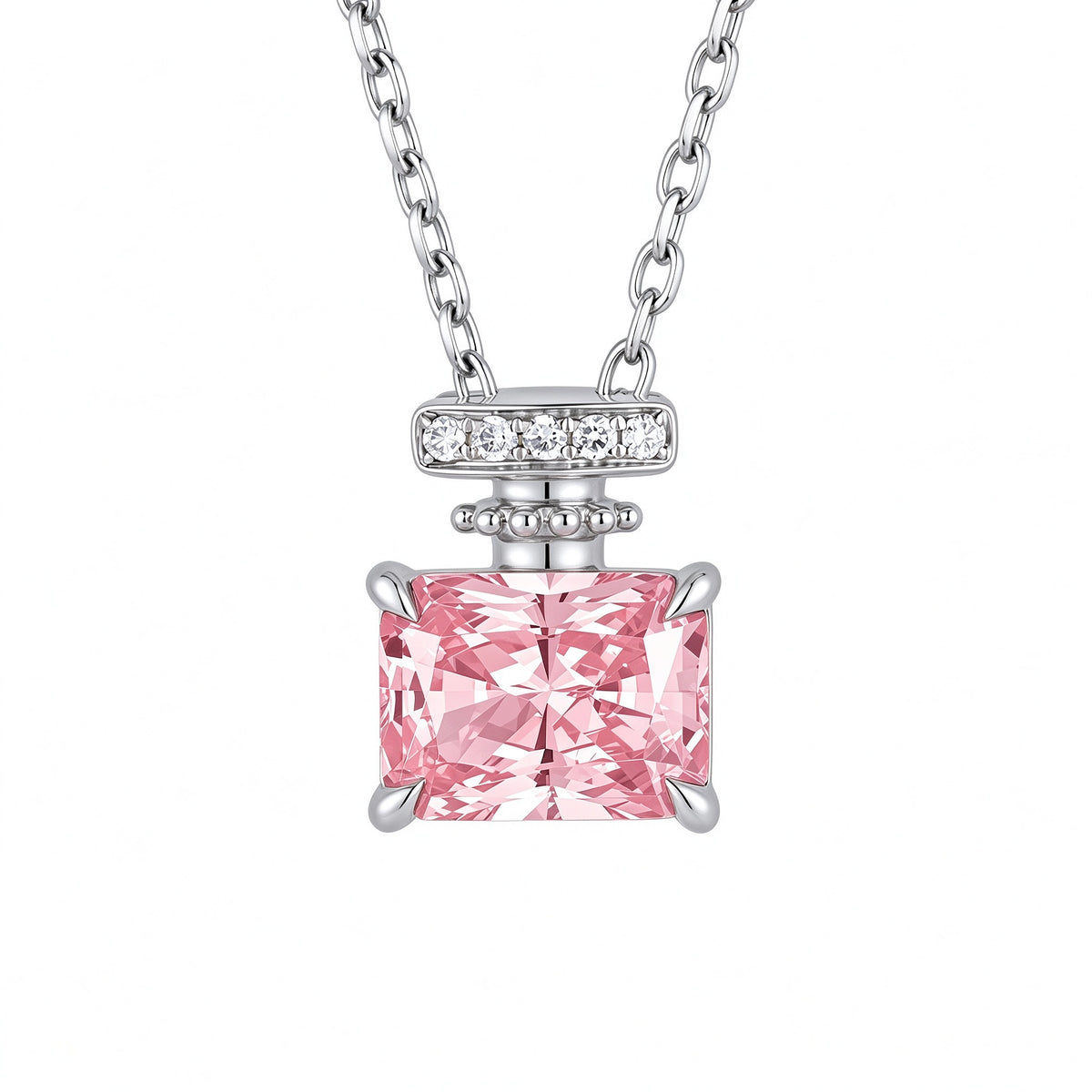 Parfum perfume bottle necklace in 18K white gold with Fancy Vivid Pink VS lab-grown diamond