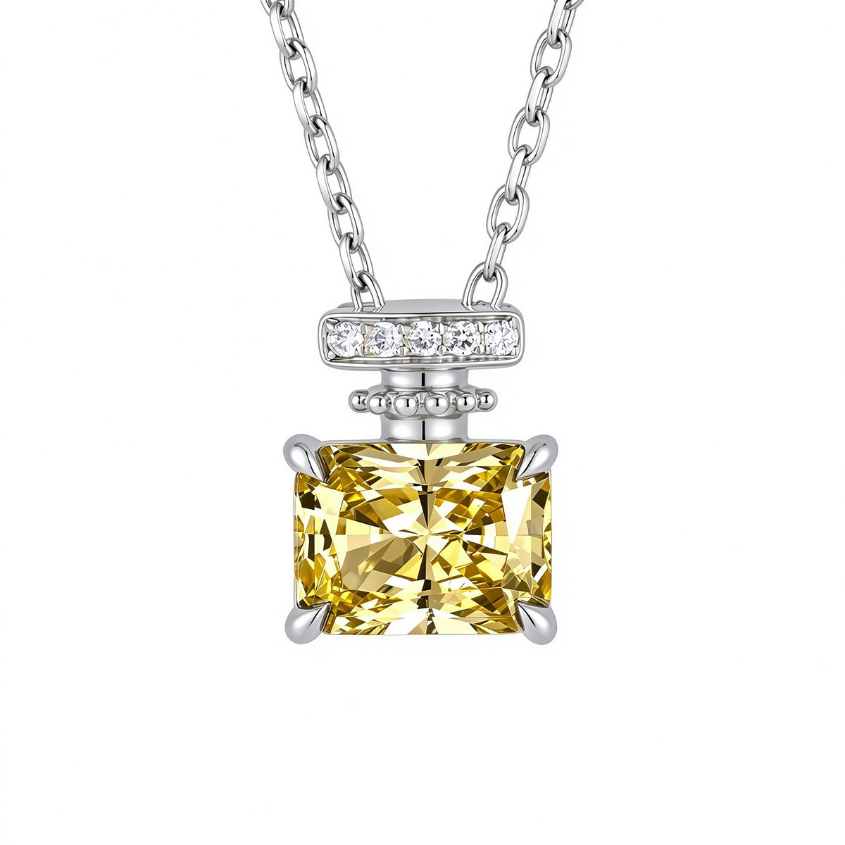 Parfum perfume bottle necklace in 18K white gold with Fancy Vivid Yellow VS lab-grown diamond