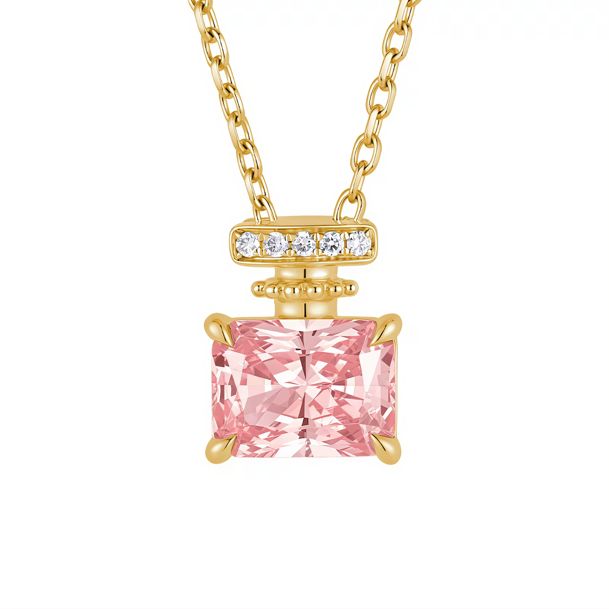 Parfum perfume bottle necklace in 18K yellow gold with Fancy Vivid Pink VS lab-grown diamond