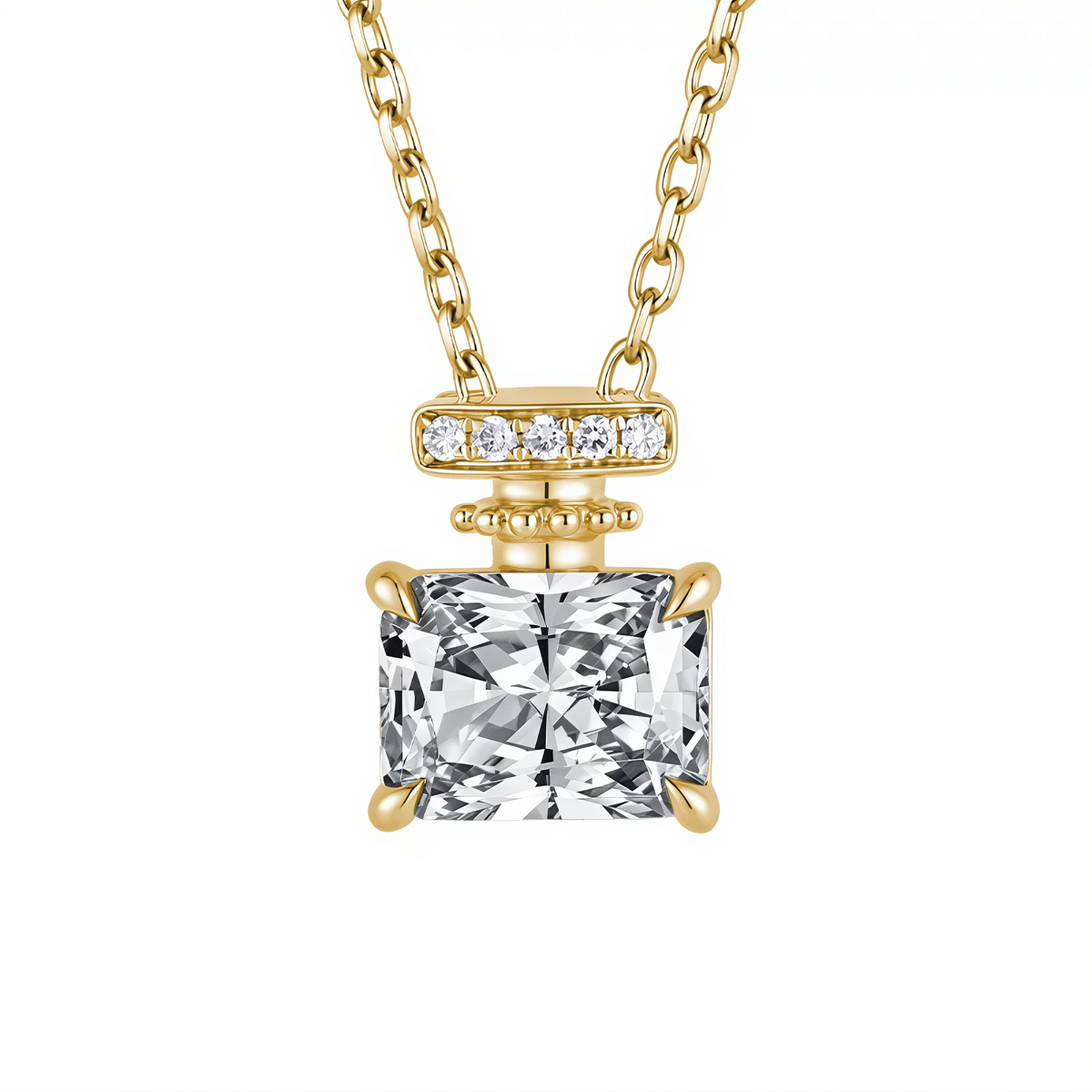 Parfum perfume bottle necklace in 18K yellow gold with D-E VS white lab-grown diamond