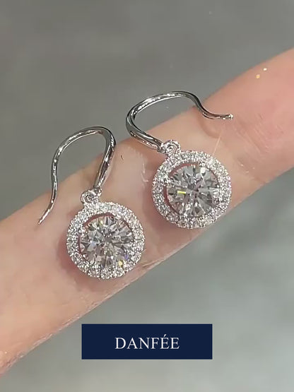 Auréole Round Halo Lab-Grown Diamond Drop Earrings in 18K Gold & PT950 Platinum | 0.6-2 Carat Center | D-E | VS
