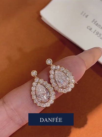 Rosée Pear-Cut Lab-Grown Diamond Halo Drop Earrings in 18K Yellow Gold | 2 Carat Total | D-E | VVS