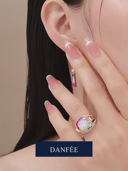 Palette Rainbow Gemstone Halo Lab-Grown Diamond Drop Earrings in 18K Gold | Omega Clip | D-E | VS