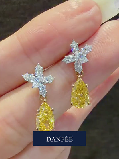 Floraison Pear-Cut Fancy Yellow Lab-Grown Diamond Drop Earrings in 9K White & Yellow Gold | 2 Carat Total | FIY | VS