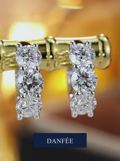 Trilogie Three-Stone Round Lab-Grown Diamond Huggie Earrings in 18K Gold | 2 Carat Total | D-E | VS
