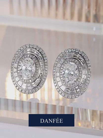 Roma Oval-Cut Lab-Grown Diamond Triple-Halo Earrings in PT950 Platinum | 4 Carat Total | D-E | VS