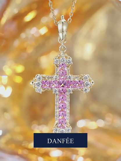 Fleur Cross Lab-Grown Diamond & Pink Sapphire Necklace in 18K Gold | D-E | VS