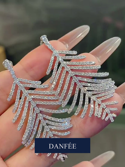 Plume Feather Pavé Lab-Grown Diamond Drop Earrings in 18K White Gold | 2.5–6 Carat Total | D-E | VS