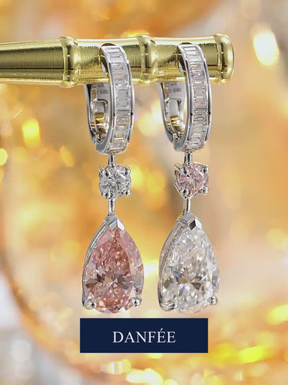 Rosée Toi et Moi Pear-Cut Pink & White Lab-Grown Diamond Drop Earrings in 18K White Gold | 4 Carat Total | D-E & Fancy Vivid Pink | VS